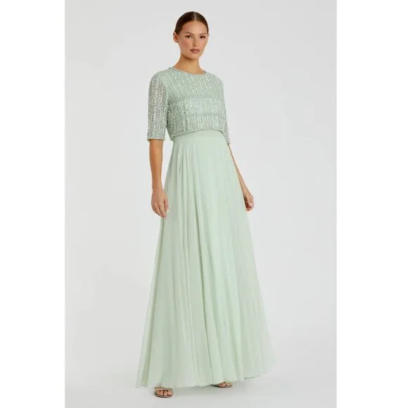 Mac Duggal | Dresses | Mac Duggal Green Chiffon Gown W Fully Beaded 34 Sleeve Top In Sage Size | Poshmark Mac Duggal | Dresses | Mac Duggal Green Chiffon Gown W Fully Beaded 34 Sleeve Top In Sage Size | Poshmark